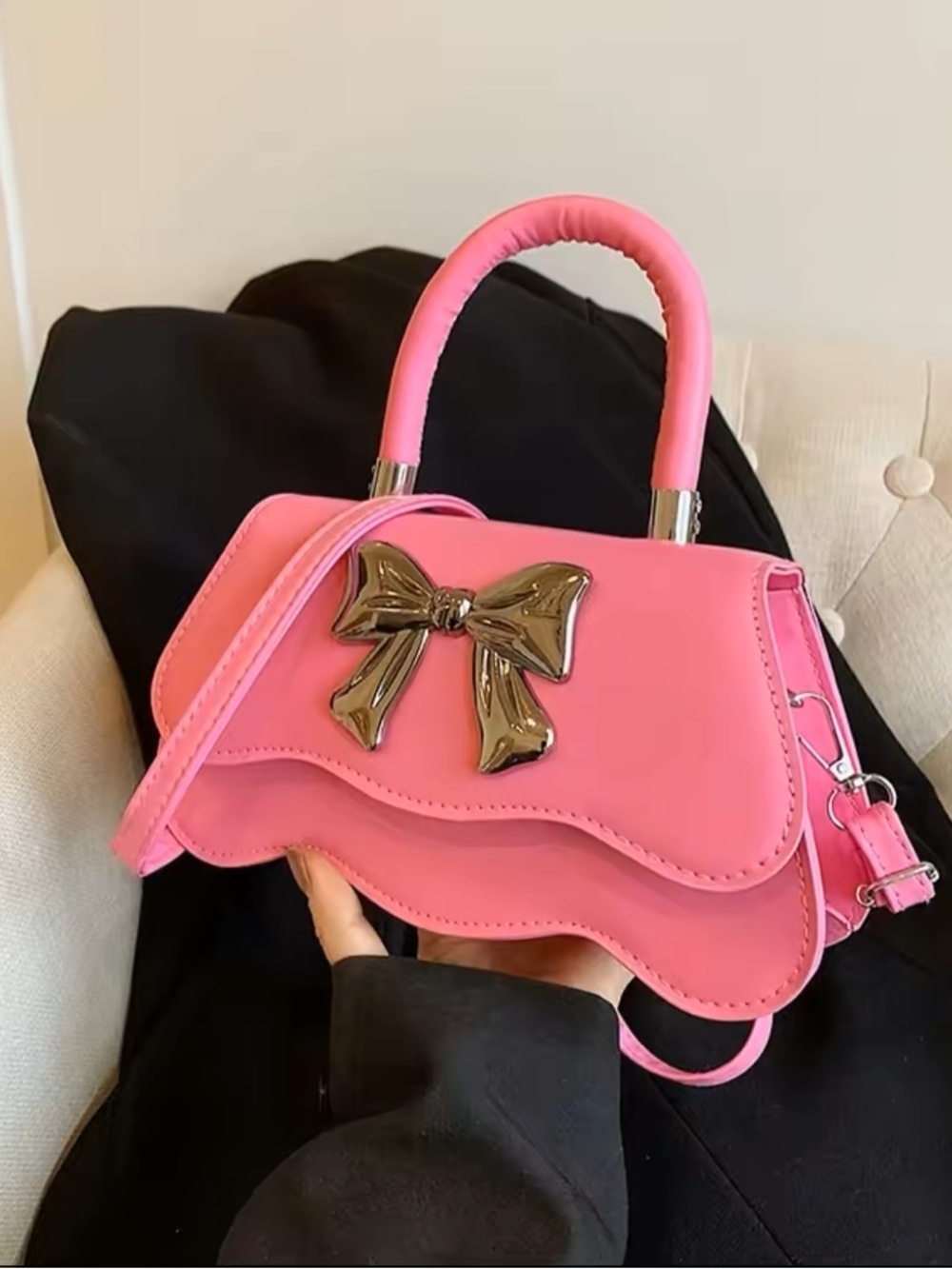 Chic Pink Mini Top-Handle Bag with Metallic Bow